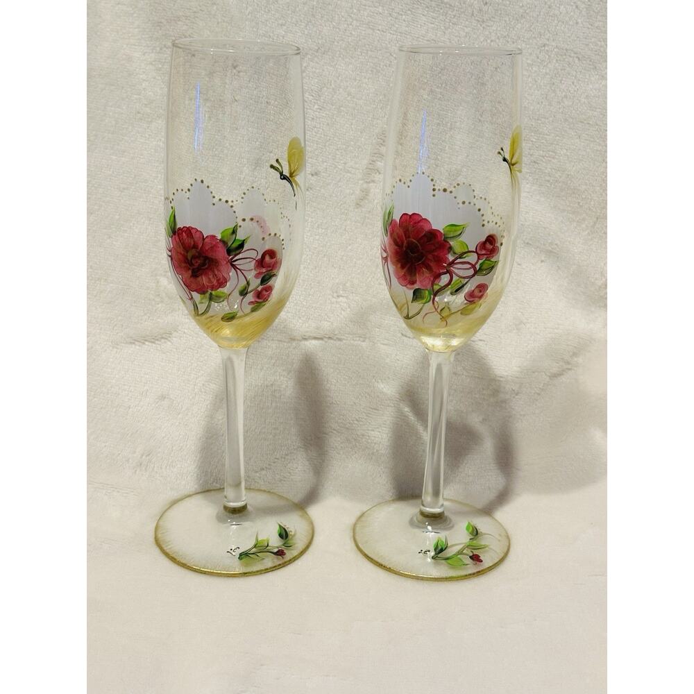 Painted Roses Champagne Flutes 9.25" Tall, Set Of 4 Floral Barware Garden party